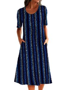Damen Lose Strand Gestreiftes Midikleid Kaftan Halbarm Tunika Hawaiian Kleider,Farbe: Blau,Größe:M