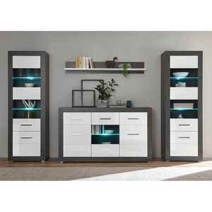 Wohnwand Set ETON-61 in Betonoptik dunkel & Hochglanz weiß mit LED-Beleuchtung B/H/T: 314/198/35-42cm