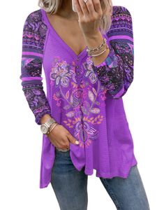 Damen Langarmshirt mit Print im Ethno-Stil T-Shirt mit V-Ausschnitt,Farbe: Violett,Größe:S