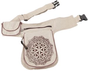 Stoff Sidebag & Hüfttasche `Flower of Life`, Boho Gürteltasche, Bauchtasche aus Nepal - Beige/braun, Uni - Erwachsene, Baumwolle, 25*20*4 cm, Festival- Bauchtasche Hippie