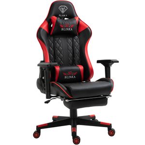 Gaming Stuhl Chair Racing mit Fußstütze und ergonomsichen 4D-Armlehnen, Farbe:Schwarz/Rot