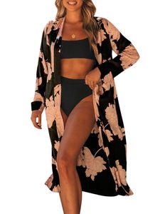 Damen-Strand-Cover-Ups, Kimono-Roben mit Hueftgurt, Blumen-Langarm-Feiertags-Bademode