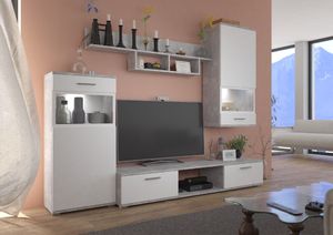 Wohnwand BLUES Wohnzimmer-Set Anbauwand Schrankwand TV-Lowboard Weiß / Leichtbeton