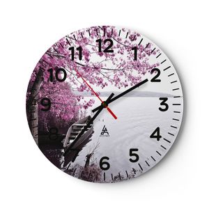 Wanduhr - Rund - Glasuhr - See Rosa Bäume - 30x30cm - Schleichendes Uhrwerk - Lautlos - zum Aufhängen bereit - Dekoration Modern - Wanddekoration aus Glas - C4AR30x30-4147