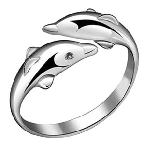 Modischer, versilberter, doppelter Delphin-Öffnungs-Fingerring für Damen, Geschenk