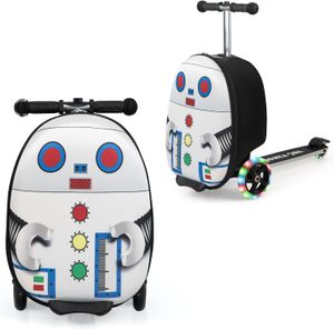 COSTWAY 2 in 1 Kinderkoffer und Scooter mit LED Räder, 26L Kindertrolley mit Bremse, für Kinder ab 5 Jahre alt (Roboter)