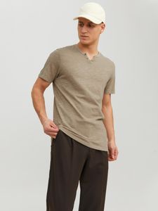 Jack&Jones T-Shirt SPLIT NECK Kurzarmshirt mit zwei Zierknöpfen aus Slub-Gewebe