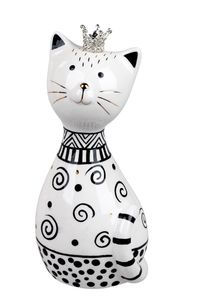 Deko Figur Katze mit Krone H. 21cm Keramik schwarz-weiß Formano