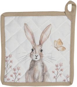 Clayre & Eef Držiak na hrniec 20x20 cm Bielo-hnedý bavlnený štvorcový králik