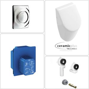 VILLEROY & BOCH Subway Urinal mit SoftClose Deckel & GROHE Wandeinbauspüler mit Betätigungsplatte, chrom