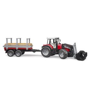 Bruder Massey Ferguson 7480 mit Frontlader Holztransportanhänger und 3 Baumstämmen