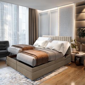 TRADA Adele Boxspringbett 180x200 Elektrisch verstellbar Taschenfederkern Doppelmatratze 9 Zonen Topper Bett mit Bettkasten Velour Stoff Beige