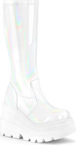 SHAKER-65 DemoniaCult vegane Damen Keil Plateau Stiefel weiß Hologramm Stretch Lack