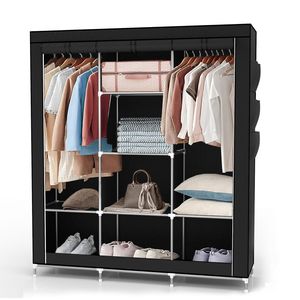 Intirilife skládací šatní skříň 130x175x45 cm v barvě RABEN BLACK - se zipem Šatní skříň s tyčí na oblečení, přihrádkami a boční kapsou - kempingová textilní skříň