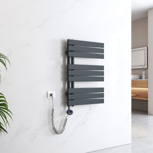 EMKE Suszarka do ręczników Elektryczny asymetryczny grzejnik łazienkowy z termostatem czasowym Podgrzewacz ręczników 762 x 500 mm Antracytowy grzejnik łazienkowy z prętem grzewczym 400 W