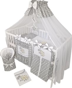 Babybettwäsche Komplettset 14 Teilig ohne Bett für Bettchen in Größe 70x140 aus 100% Baumwolle bestickt mit Elefanten inkl. Moskitonetz Grau