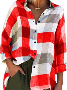 Damen Blusen Karierte Langarmshirt Button Down Hemden Übergroße Hemdbluse Freizeithemd Rot,Größe:XXL