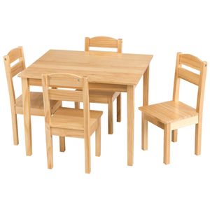 COSTWAY 5 TLG. Dětská sedací souprava, dětská stolová souprava, dětský stůl se 4 židlemi, dětský nábytek z borovice, dřevěná sedací souprava pro dívky a chlapce příroda