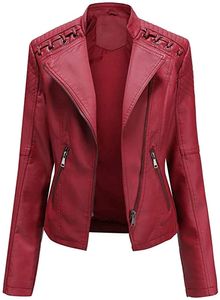 ASKSA Damen Kunstlederjacke Kunstleder Casual Slim Bikerjacke Jacke Reißverschluss Motorrad Outwear, Rot, 3XL