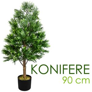 Konifere Lebensbaum Kunstpflanze Kunstbaum Künstliche Pflanze mit Echtholz 90cm Decovego