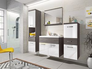 Minio, Badezimmer, Badmöbel Set "ALO", 4-Teilig Set, mit Waschbecken, Bodega Kiefer / Weiß Glanz