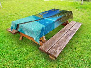ABAKUHAUS Ozean Tischdecke Outdoor, Bild Einer Tropischen Insel Mit Den Palmen Und Dem Klaren Seestrand Thema Druck, Türkis Blau, 145x305cm