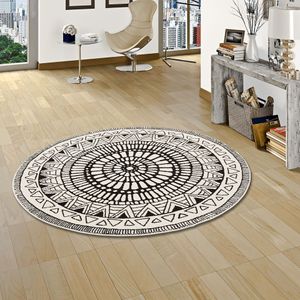 Designer Teppich Sevilla Mandala Schwarz Weiss Rund, Größe:135 cm Rund
