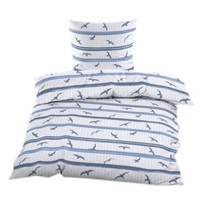 Seersucker Bettwäsche 2 tlg. 135 x 200 mit Reißverschluss Bettgarnitur Sommerbettwäsche Weiß Blau Maritim Vögel