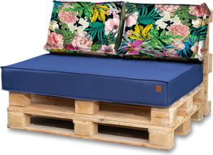 Palettenkissen 120 x 80 Set für Palettenmöbel Europaletten Sitzkissen EU Palettensofa komplett besteht aus 3 Teilen in Farbe: dunkelblau + geblümte Kissen