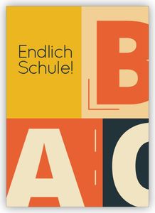 Schicke Designer Retro Glückwunschkarte zur Einschulung für Erstklässler mit Vintage ABC: Endlich Schule!