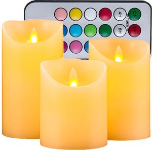 LED svíčky s dálkovým ovládáním, RGB LED svíčky, bezplamenné svíčky, sloupkové svíčky, svíčky na baterie, LED tyčinkové svíčky, sada 3 kusů, možnost změny barev