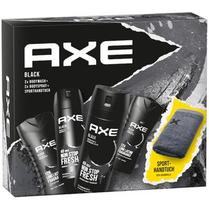 Axe  Geschenkset 'Black' Pflegeset mit Bodyspray, Duschgel und Sporthandtuch (2 x 150 ml + 2 x 250 ml)