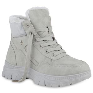VAN HILL Damen Warm Gefüttert Worker Boots Bequem Strick Profil-Sohle Schuh 840851, Farbe: Hellgrau, Größe: 38