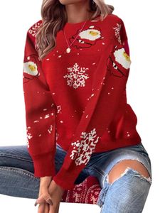 Frauen Santa Claus Print Pullover Arbeit Crew Hals Gestrickt, Farbe: Rot, Größe: S