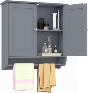 COSTWAY Závěsná koupelnová skříňka, koupelnová skříňka s držákem na ručníky, závěsná skříňka ze dřeva, závěsná skříňka na léky do koupelny, 60 x 21 x 61 cm (šedá)