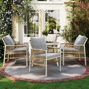 Flieks Rattan Gartenmöbel-set 5 teilig, Balkonmöbel Set Gartenloungeset 4 Personen, 4 Gartenstuhl mit Gartentisch, Terassenmöbel Gartengarnitur, Beige