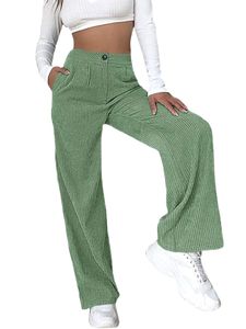 MORYDAL Chinos Damen hohe Taillenhosen Strandknopf boden losen fit breitbein palazzo pant, Farbe:Grün, Größe:S