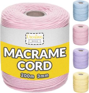 Creative Deco 200m Pastel-Rosa Makramee-Garn Baumwoll-Polyester-Kordel Baumwoll-Schnur | 656 Fuß | 2-3 mm Dicke | Große Rolle Naturliche Starke | Perfekt für Basteln, DIY, Handwerk & Stricken