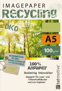 TATMOTIVE Imagepaper Recyclingpapier Öko 100g/qm A5, , geeignet für alle Drucker, 500 Blatt Kopierpapier Druckerpapier nachhaltig