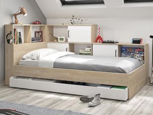 Bett mit Stauraum + Lattenrost + Matratze - 90 x 200 cm - Naturfarben & Weiß - ARMAND