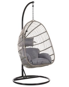 BELIANI Hängesessel Grau Rattan mit schwarzem Stahl-Gestell inkl. Kissen Outdoor Indoor Boho Stil