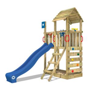 WICKEY Spielturm Klettergerüst Smart Flash mit blauer Rutsche, Kletterturm mit Sandkasten, Leiter & Spiel-Zubehör