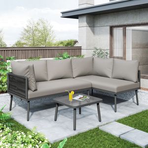 Flieks Gartenlounge Set für 4 Personen, Gartenmöbel Sets mit Seildesign, Terassenmöbel Set aus Eisenrahmen, Balkonmöbel Set L-Förmig mit Kissen, Grau