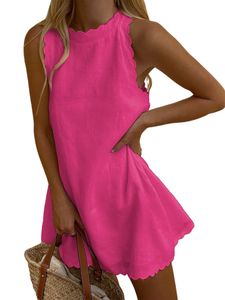 Damen Baumwolle Sunddress sommer massiv kurz Mini -Kleider Freizeit Crew Neck Kleid Kleid,Farbe:Rosa,Größe:S