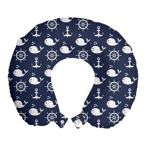 ABAKUHAUS Navy blau Reisekissen Nackenstütze, Maritime Anchor Wal, Schaumstoff Reiseartikel für Flugzeug und Auto, 30x30 cm, Marine-Blau-Weiß