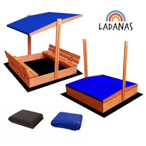 Ladanas® Sandkasten Holz- IMPRÄGNIERT -120 x 120 cm -Sandkiste Kinder incl. VLIES und ABDECKPLANE - faltbaren Bänken & verstellbarem Dach (blau )- UV50- & Sonnendach