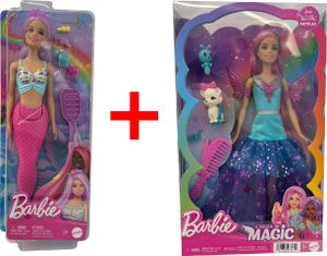 2er-Set Barbie HRR00 Meerjungfrau mit beweglicher Schwanzflosse und JCW48 Modepuppe im mehrlagigen Kleid, Sammelfiguren, Geschenk-Set