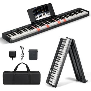 COSTWAY Klappbares E-Keyboard mit 88 beleuchteten Tasten in voller Größe, verbesserte Holzmaserung, Split-Funktion, 2 Lehrmodi, Digitalpiano mit dualer drahtloser Verbindung, MP3/USB/MIDI, Schwarz