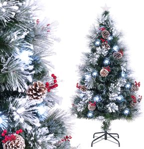 COSTWAY sztuczna choinka 150 cm z szyszkami i jagodami, choinka ze śniegiem, zimne białe diody LED, włókno szklane i czubek gwiazdy, 8 trybów zielono-białych