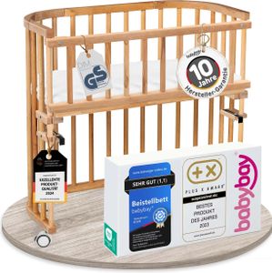 babybay Original Beistellbett aus massivem Buchenholz/kompakt & verwandelbar/Kinderbett Höhe stufenlos verstellbar/mitwachsendes Babybett (Kernbuche geölt) / inkl. Matratze, Gitter, Rollen